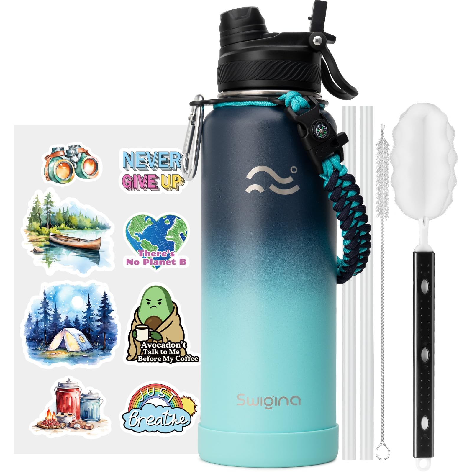 Photo 1 of Swigina [2-IN-1 LID] Insulated Water Bottle with Silicone Boot (36hrs Cold/18hrs Hot) - DIY Stickers, Leakproof, BPA Free, 40 oz