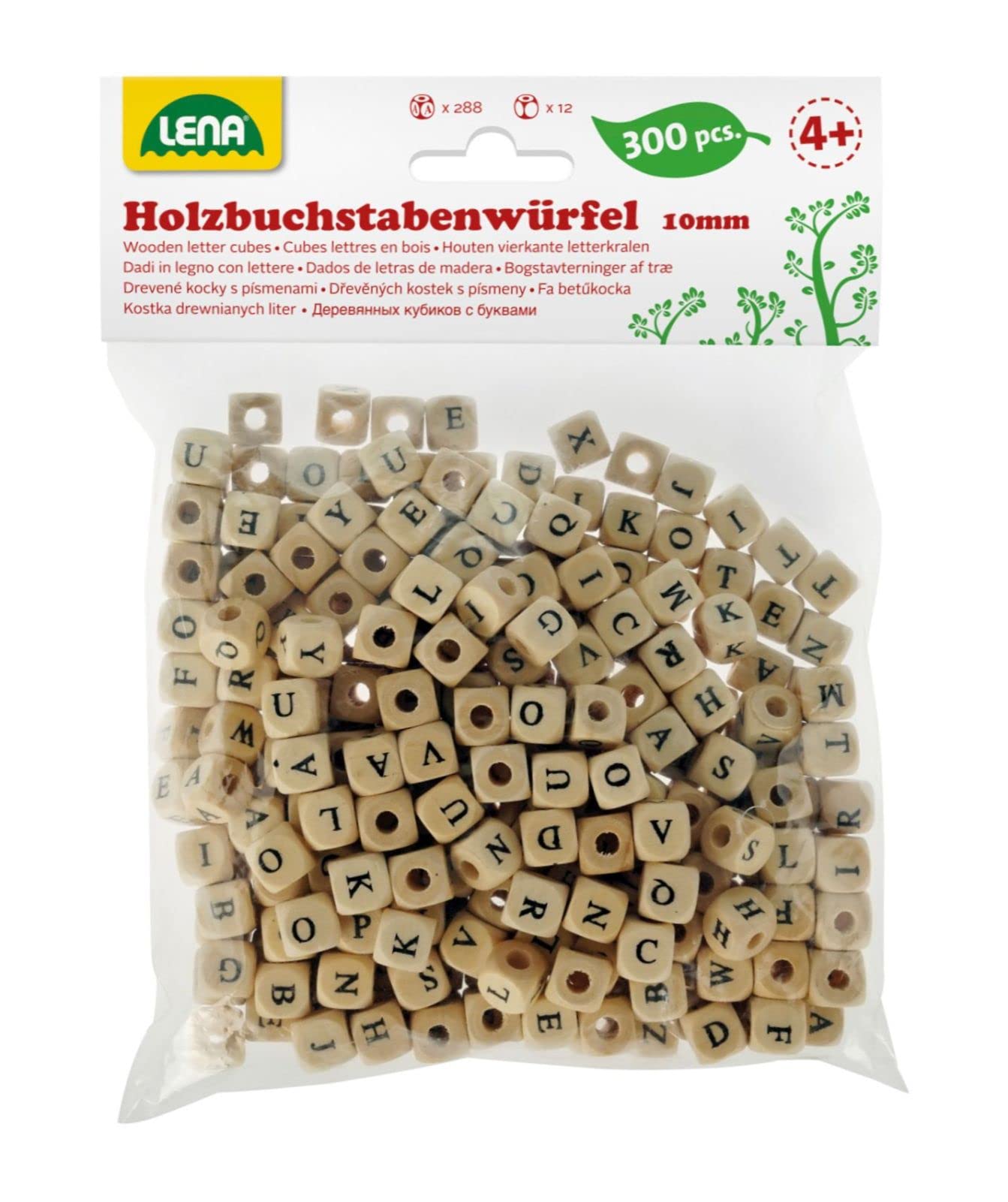 Lena 32005 - Craft set of wooden ABC - cubes, set with 300 cubical threading beads with letters, wooden beads set for children from the age of 3. Bead set for making your own jewellery