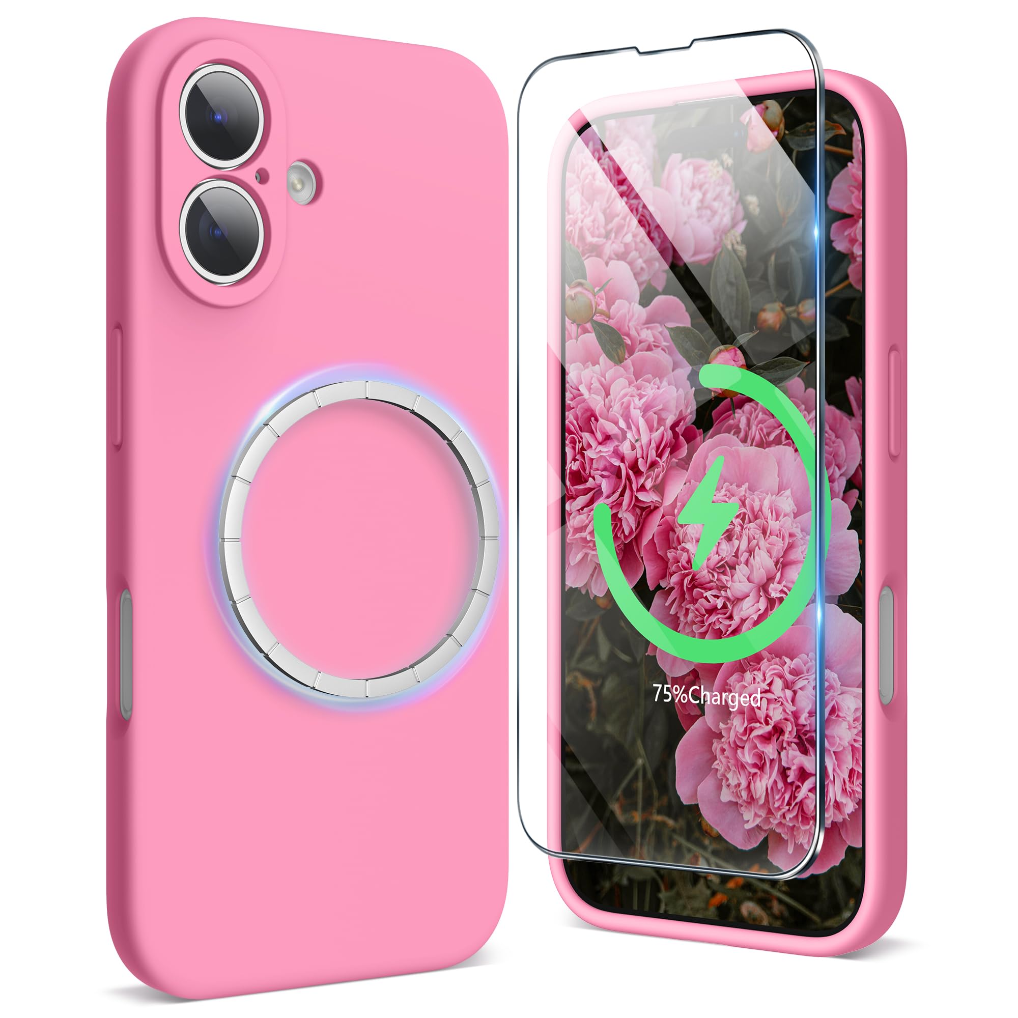 SURPHY Magnetic Design for iPhone 16 Case, Liquid Silicone Protection for Each Lens Shockproof Gel Rubber Phone Case for iPhone 16 6.1 inch 2024, Pink