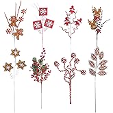 8 PCS Christmas Tree Picks with Gingerbread Man and Candy Cane Decorations - Large Xmas Tree Topper Ornaments for Holiday Home Party Decor, 17-29 Inch Snowflake and Berry Stems, DIY Festive Decor