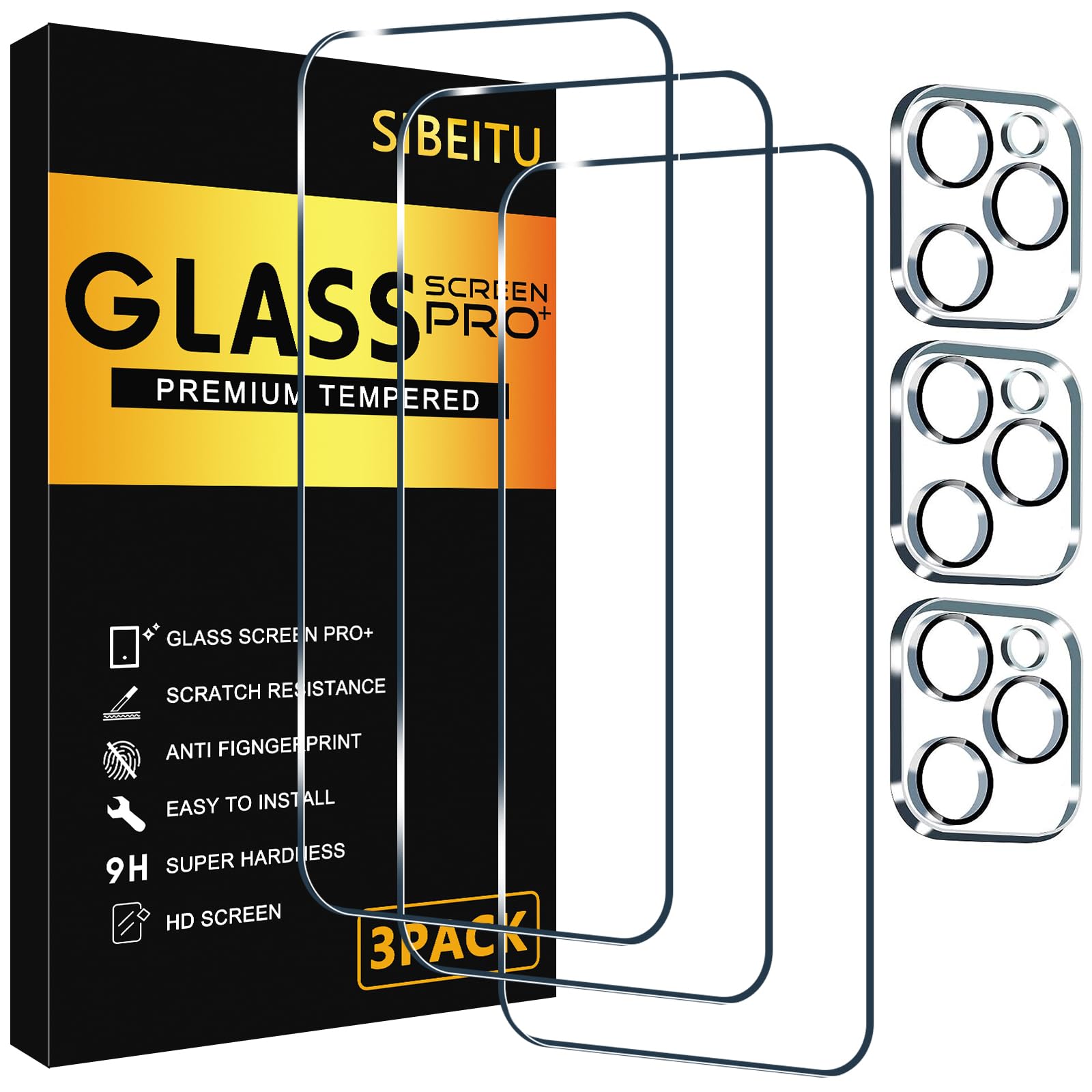 Photo 1 of SIBEITU 3 Pack Screen Protector for iPhone 16 Pro Max with 3 Pack Camera Lens Tempered Glass Protector, 6.9 Inch HD Clear Glass Film 9H Hardness Full Coverage, Scratch Resistent, No Air Bubbles