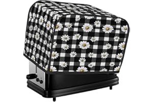 Daisy Flowers On Black White Gingham Checkered Toaster Cover 4 Slice Wide Slot Dustproof Toaster Dust Covers Bread Maker Prot