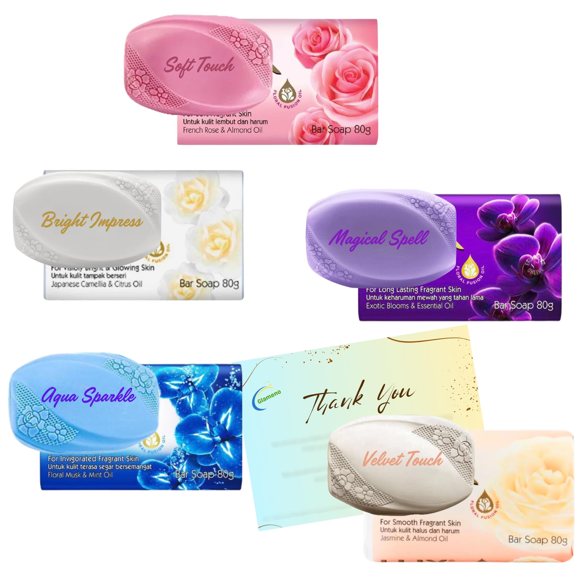 Soap Bar Bundle with 5 Pack Variety Soaps- Soft Touch, Magical Spell, Bright Impress, Aqua Sparkle, Velvet Touch (80g each) and Glameno Card