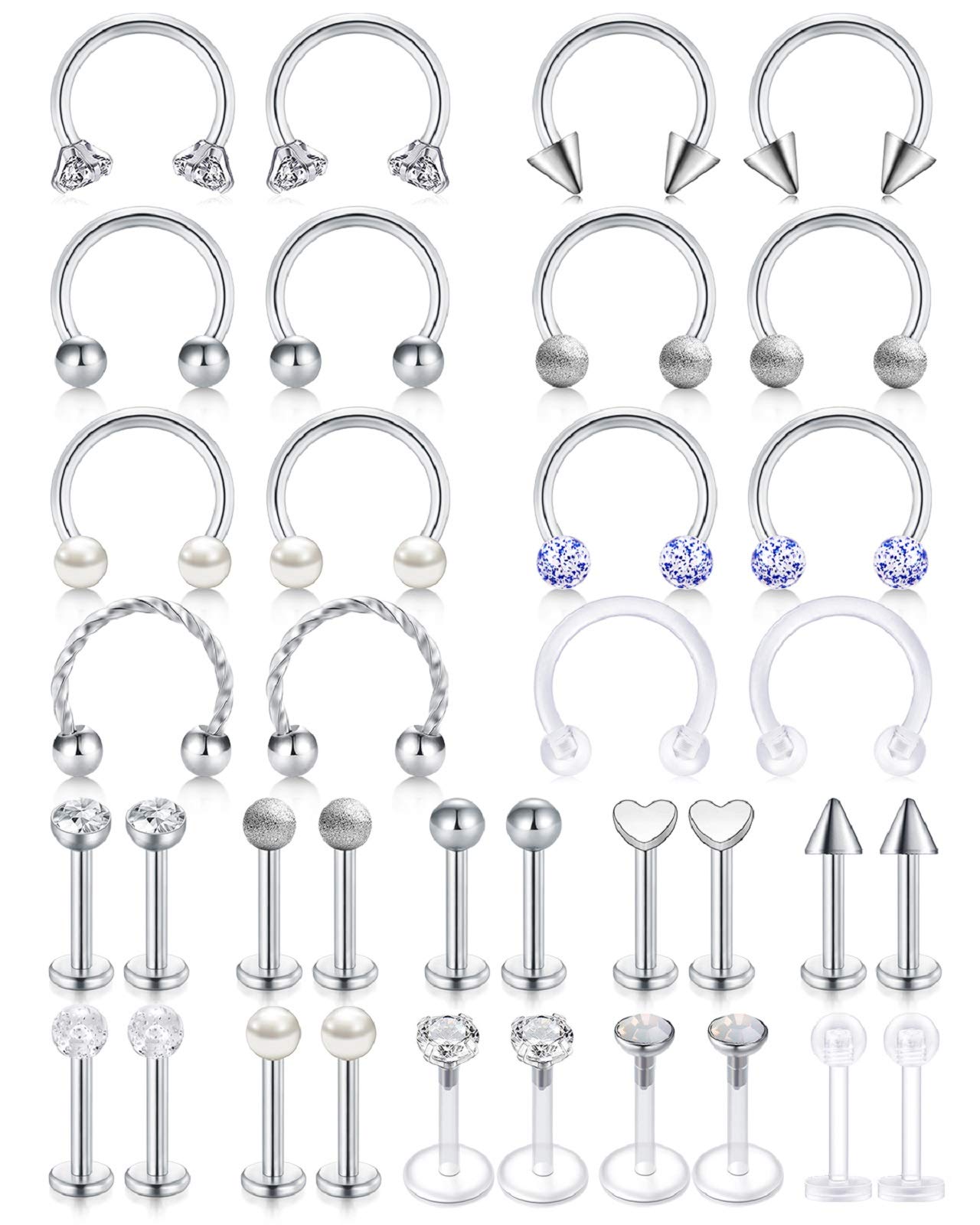 AceFun 16G Lip Bar Silver Helix Tragus Cartilage Hoop Stud Earring Lip Rings Labret Stud Horseshoe Eyebrow Nose Rings Piercing for Women Men Jewelry