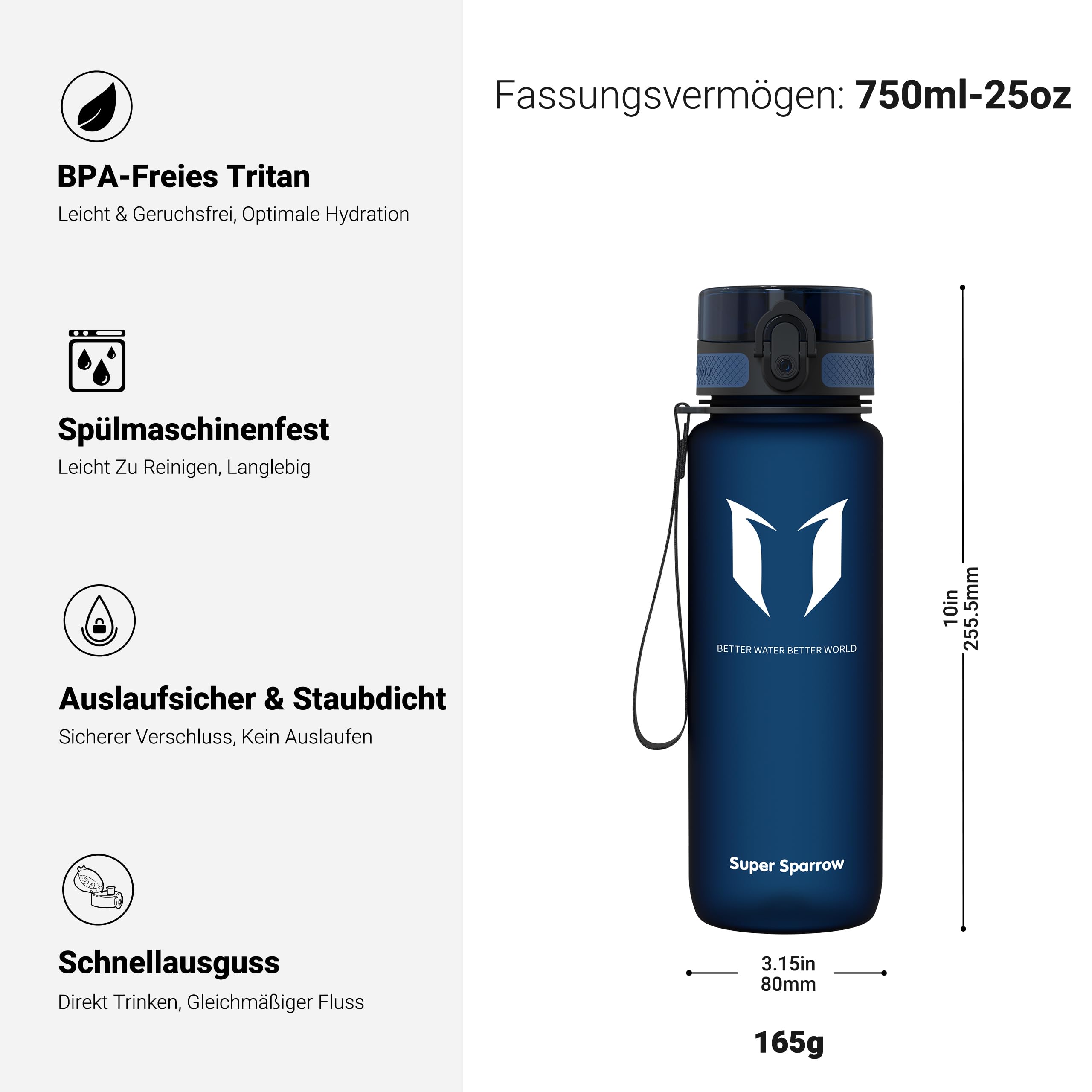 Super Sparrow Trinkflasche - Tritan Wasserflasche - 750ml - BPA-frei - Ideale Sportflasche - Sport, Wasser, Fahrrad, Fitness, Uni, Outdoor - Leicht, Nachhaltig 3