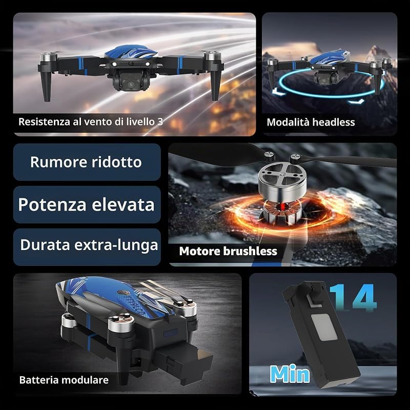 Drone con Camera, Schermo LCD FPV Live Video, Droni Motore Brushless, Sistema di Prevenzione Ostacoli a 270°, 3D Flips, Supporta Schede SD fino a 32 GB, Peso Inferiore a 250g per Beginners