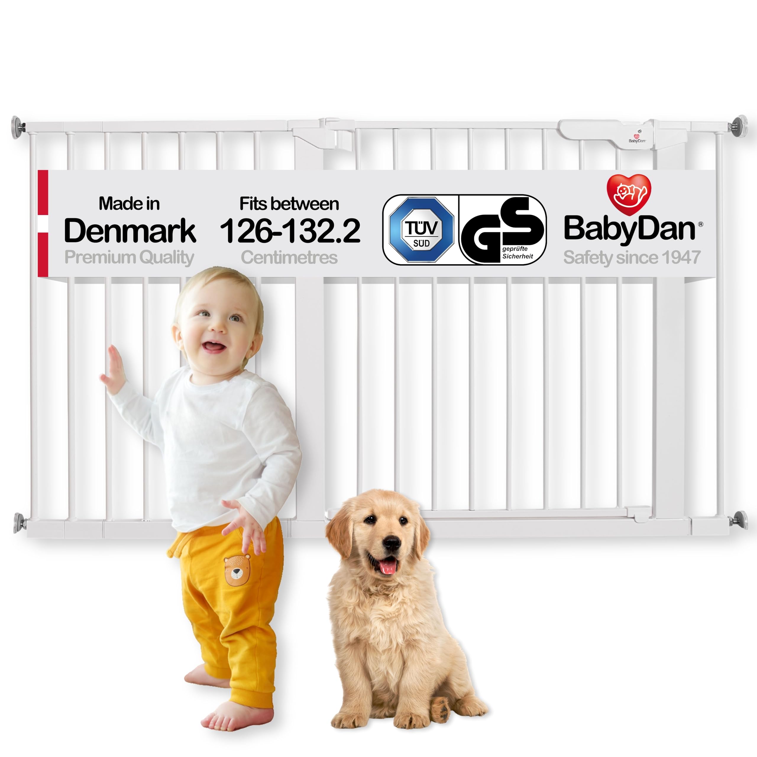BabyDan Premier, Extra Wide Pressure Fit Stair Gate, 126-132.2 cm, Baby Gate/Safety Gate, Metal, White, Made in Denmark - (Pet Gate/Dog gate)