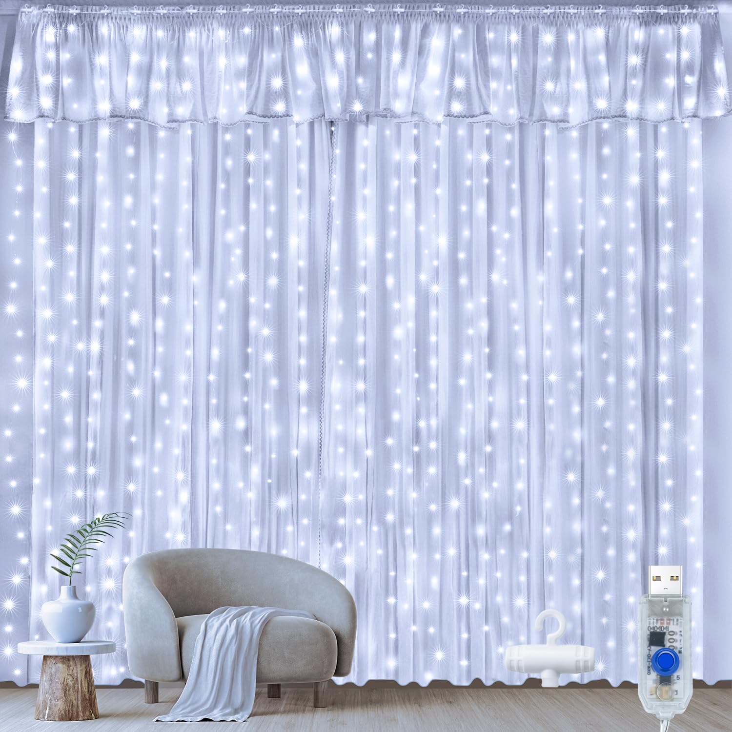 Ollny Curtain Lights Indoor Outdoor, 300LED 3mx3m Window Fairy Lights USB Plug in, Waterproof Waterfall Hanging String Light with 8 Modes for Bedroom/Wall/Outside/Garden/Wedding/Party, Cool White