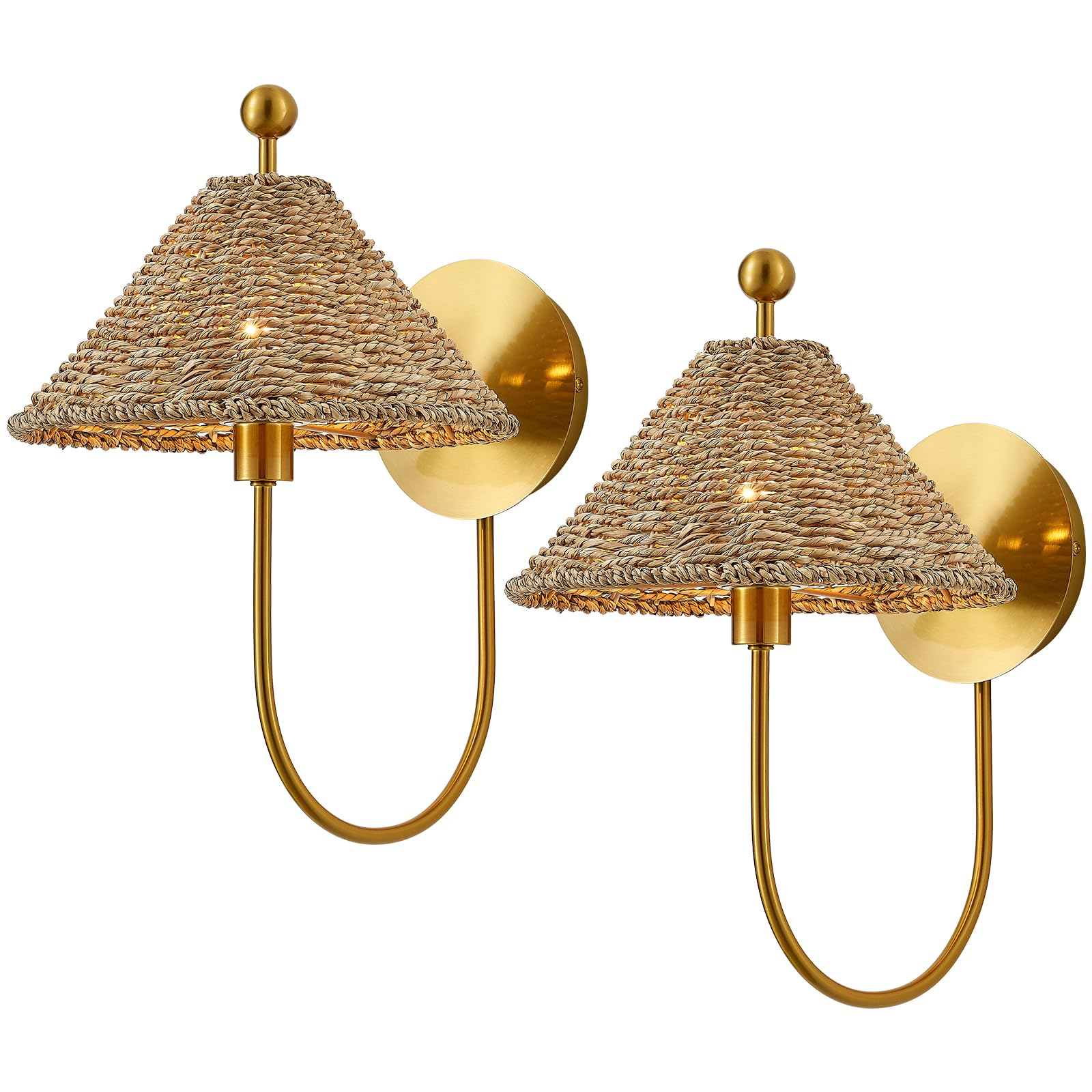 Photo 1 of MhyTogn Boho Hand Woven Rattan Wall Scones Set of 2 Brass Wall Lamp Rustic Wall Lights for Bedside Hallway Vanity Stairway Fireplace Living Room, UL Listed