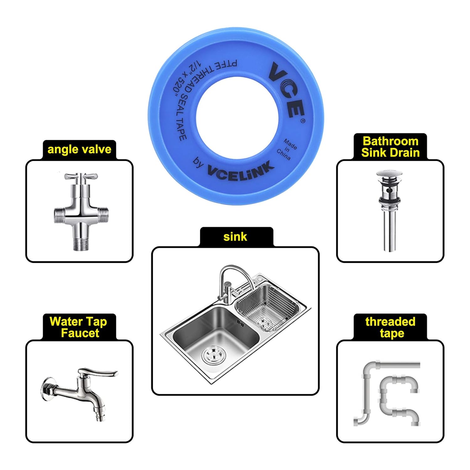 VCELINK PTFE Industrial Sealant Tape Water Plumbers Tape, 520" Length, 1/2" Width, Blue (8 Rolls): Industrial & Scientific