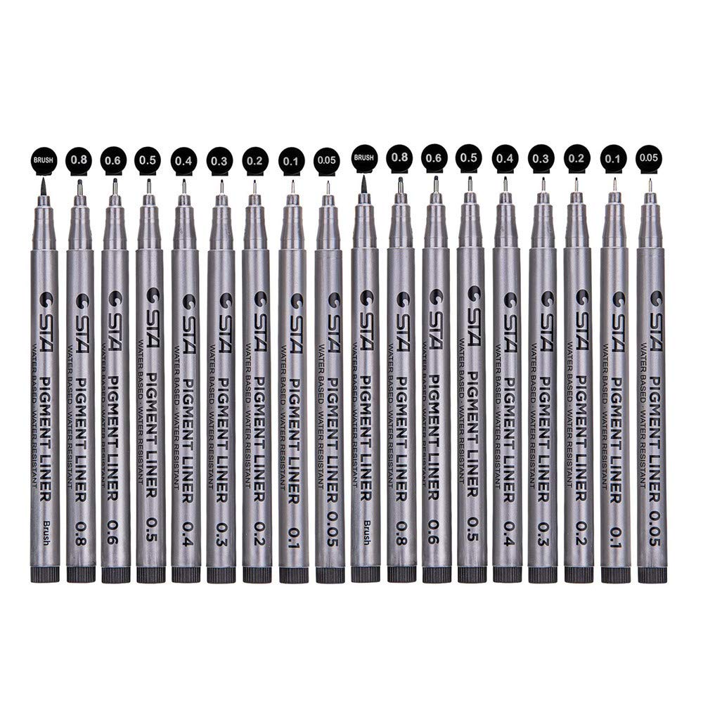 byou Fineliner Pens, Pigment Pens Set of 18 Black Pens with Fine Tip Different Tips with Brush for Drawing Artist Illustration Office Documents Scrapbooking and Technical Drawing