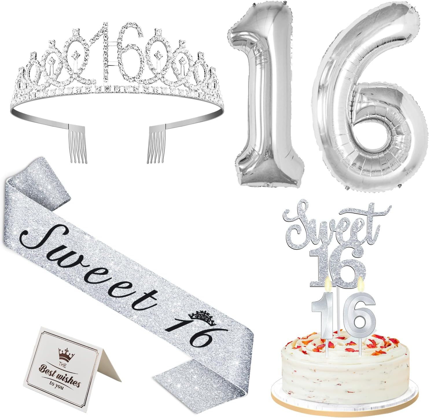 Candles & Holders - Silver Sweet 16 Birthday Decorations for Girls with 16th Birthday Sash and Tiara, Sweet 16 Cake Topper and Candles, 16 Birthday Balloons, Happy 16th Birthday Gifts for Sweet 16 Birthday Party