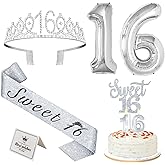 Sweet 16 Birthday Decorations for Girls Silver with Sweet 16 Sash and Tiara, Cake Topper and Candles, Silver Number Balloons, 16th Birthday Gifts for Girls