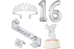 YEOHJOY Sweet 16 Birthday Decorations for Girls Silver with Sweet 16 Sash and Tiara, Cake Topper and Candles, Silver Number Balloons, 16th Birthday Gifts for Girls