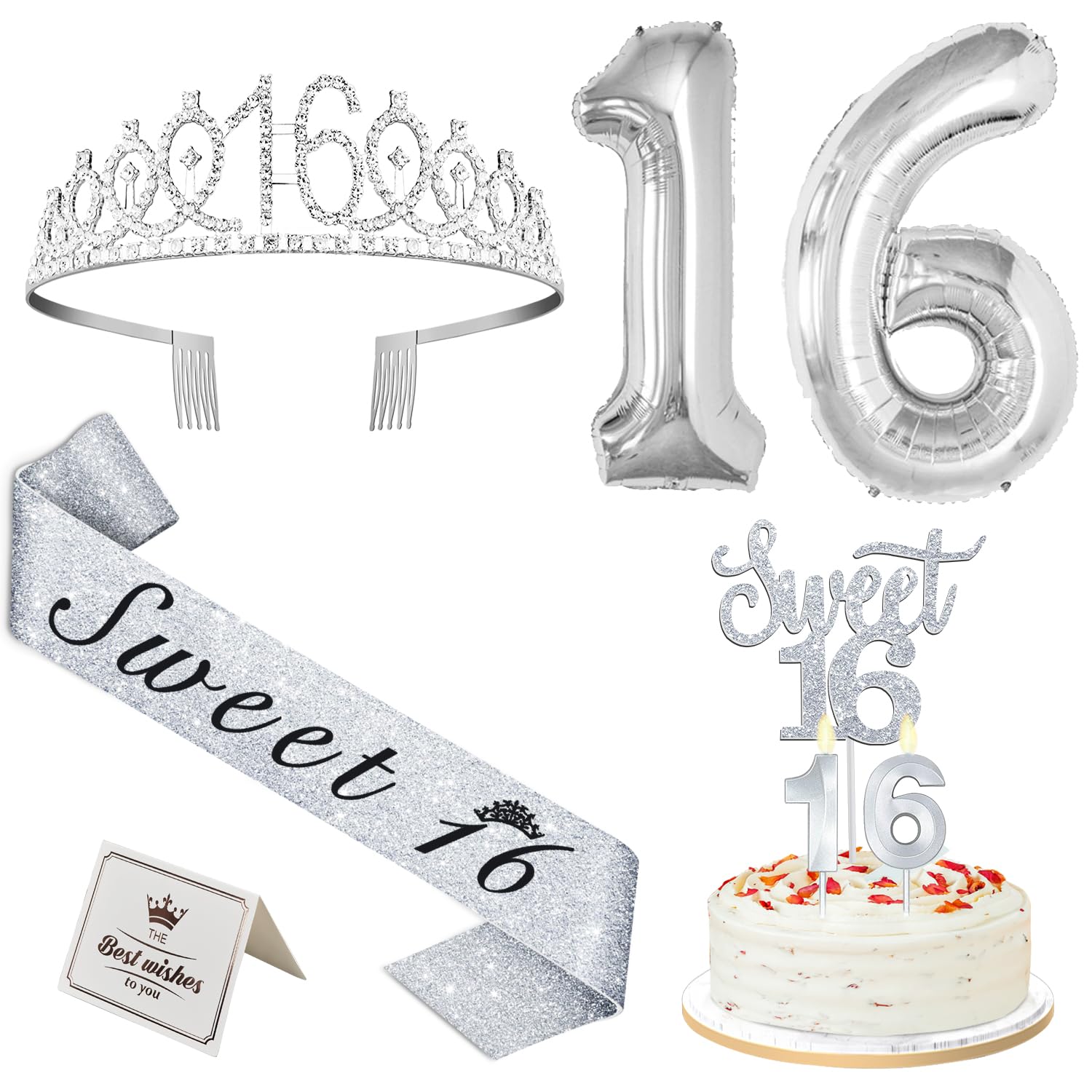 Photo 1 of Sweet 16 Birthday Decorations for Girls Silver with Sweet 16 Sash and Tiara, Cake Topper and Candles, Silver Number Balloons, 16th Birthday Gifts for Girls
