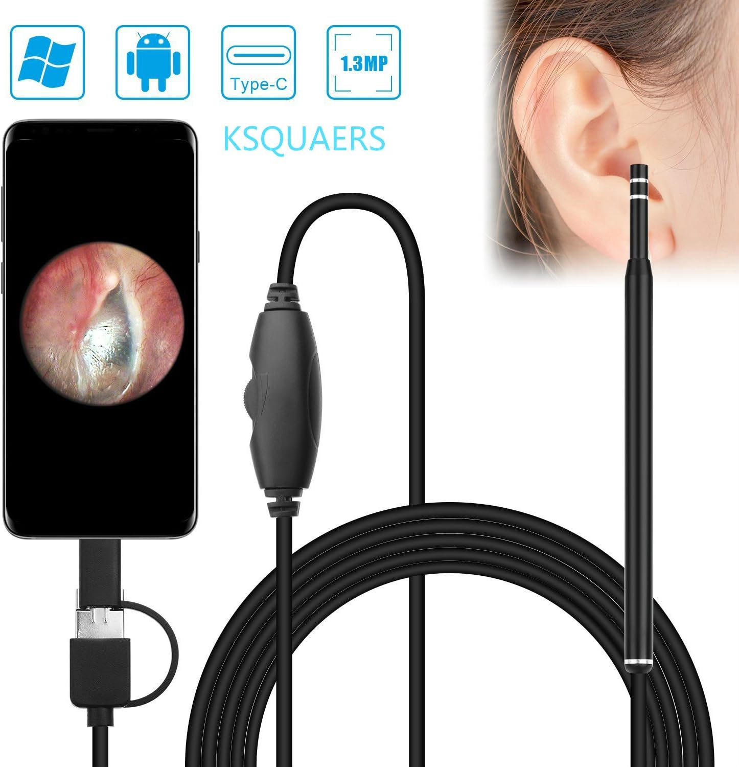 USB Otoscope-Ear Scope Camera, Upgraded 4.3mm Diameter Visual Ear Camera HD Ear Endoscope with Earwax Cleaning Tool and 6 Adjustable LED Lights for Android and Windows