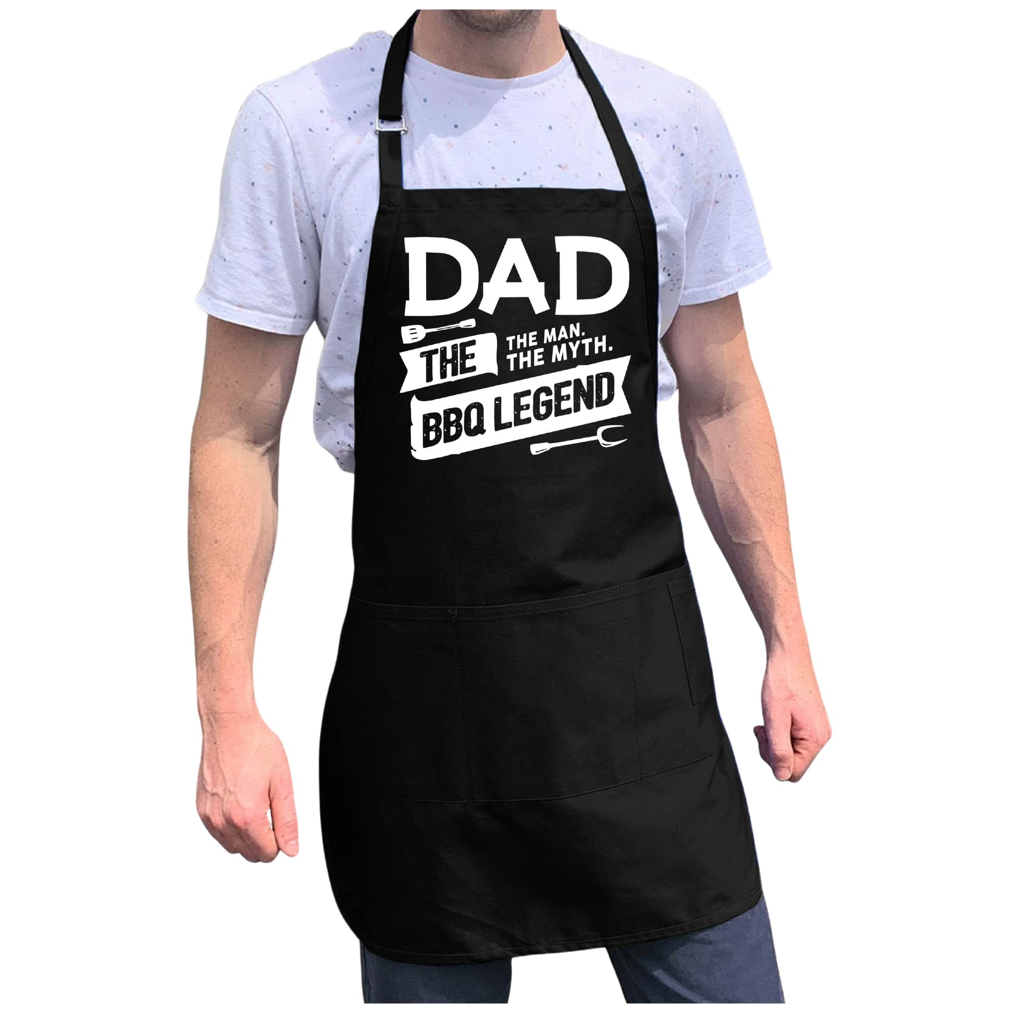 ApronMen High Quality Poly/Cotton Barbecue Grill Apron (Dad.The Man. The Myth. The Legend) with 4 Utility Pockets, Adjustable Neck And Extra Long Waist Ties One Size Fits All Black Apron