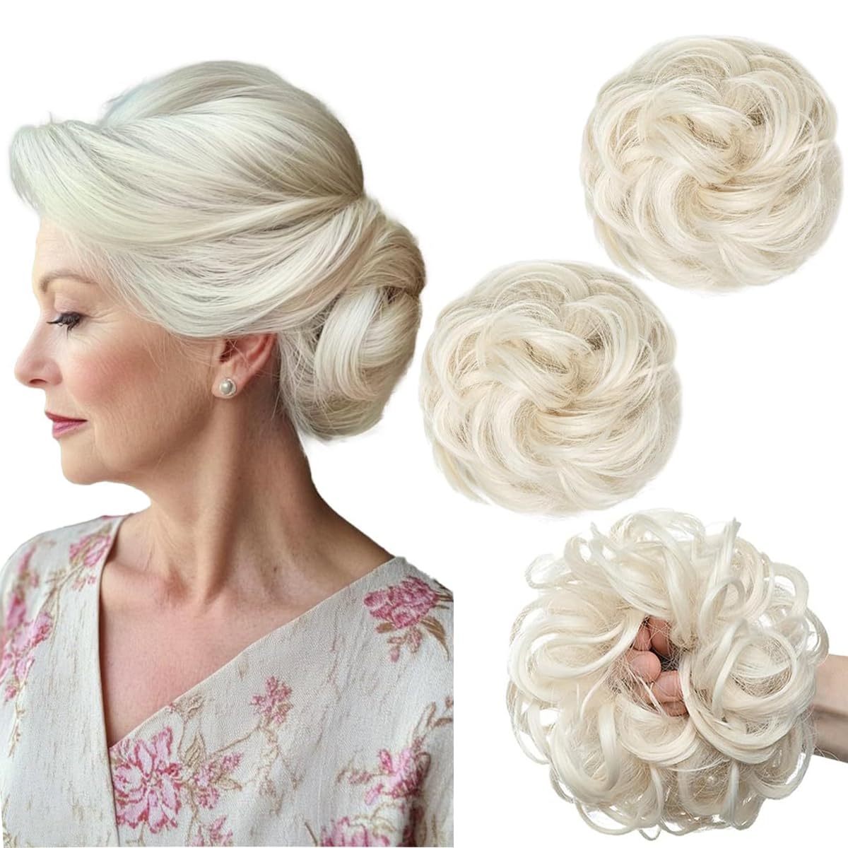 2 Pieces Messy Hair Buns Extensions Curly Elastic Easy Scrunchies for Women Girls Large Synthetic Donut Updo Hair Chignons,platinum blonde — image 1