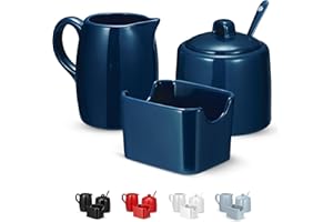 Kook Sugar and Creamer Set, 3 Piece, Pitcher, Sugar Bowl with Lid and Spoon, Sweetener Holder (Navy)