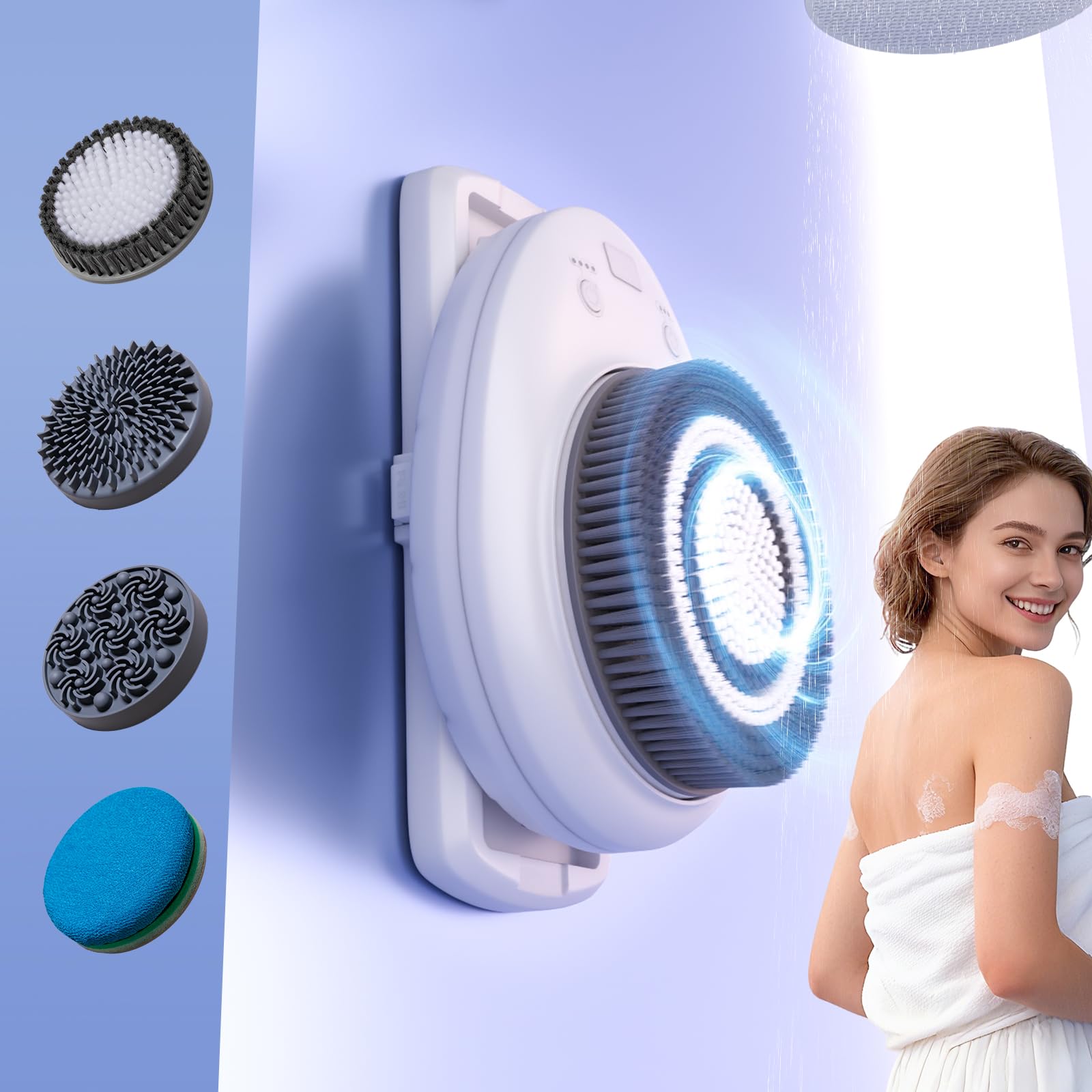 Photo 1 of Calcy Ssay Shower Back Scrubber Wall Mounted, with 4 Replaceable Heads, 7''Electric Large Back Scrubber for Shower Wall, 3 Speed Adjustment Exfoliating Brush for Back Cleansing, Exfoliating