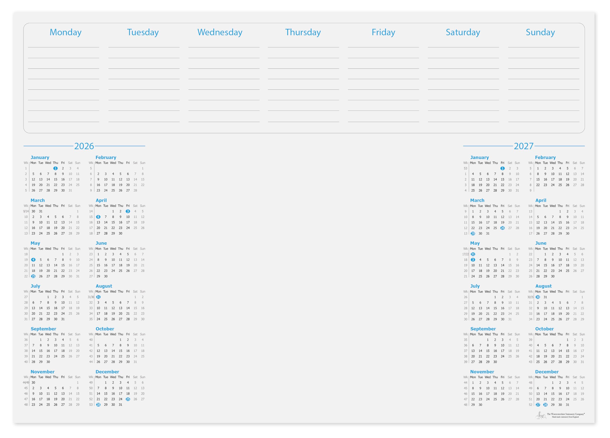 A3 2 Year (2026/2027) Calendar Desk pad, 50 Sheets per pad