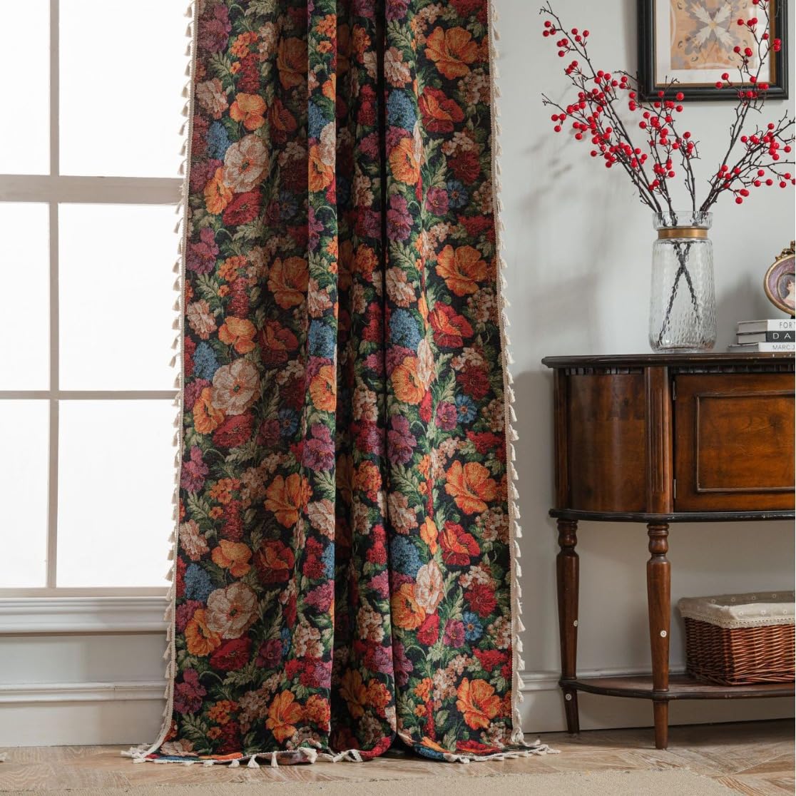 USTIDE Rustic Floral Curtain Colorful Garden Jacquard Blossom Curtain with Tassels Decor for Bedroom/Living Room,1 Panel,150x220cm,Room Darkening