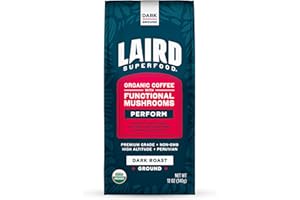 Laird Superfood Peruvian Dark Roast Coffee with Functional Mushrooms, Certified Organic Peruvian Ground Coffee Beans, Gluten-Free, Dairy-Free, Non-GMO, Paleo, Keto Friendly, 12 oz. Bag