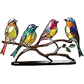 Wedhapy Stained Glass Birds on Branch Desk Ornaments Acrylic Colorful Birds Ornament Vivid Tabletop Bird Decoration Bird Figurines for Home Decor,4 Birds on a Branch