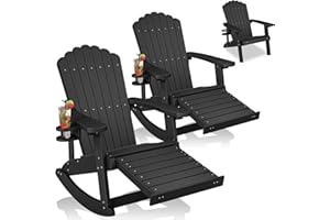 ZHUSI Adirondack Rocking Chair Outdoor with Retractable Ottoman and Cup Holder, Adirondack Chairs with Footrest, Wood-Like Porch Rocker for Patio,Backyard, Garden (Black, 2 PCS)