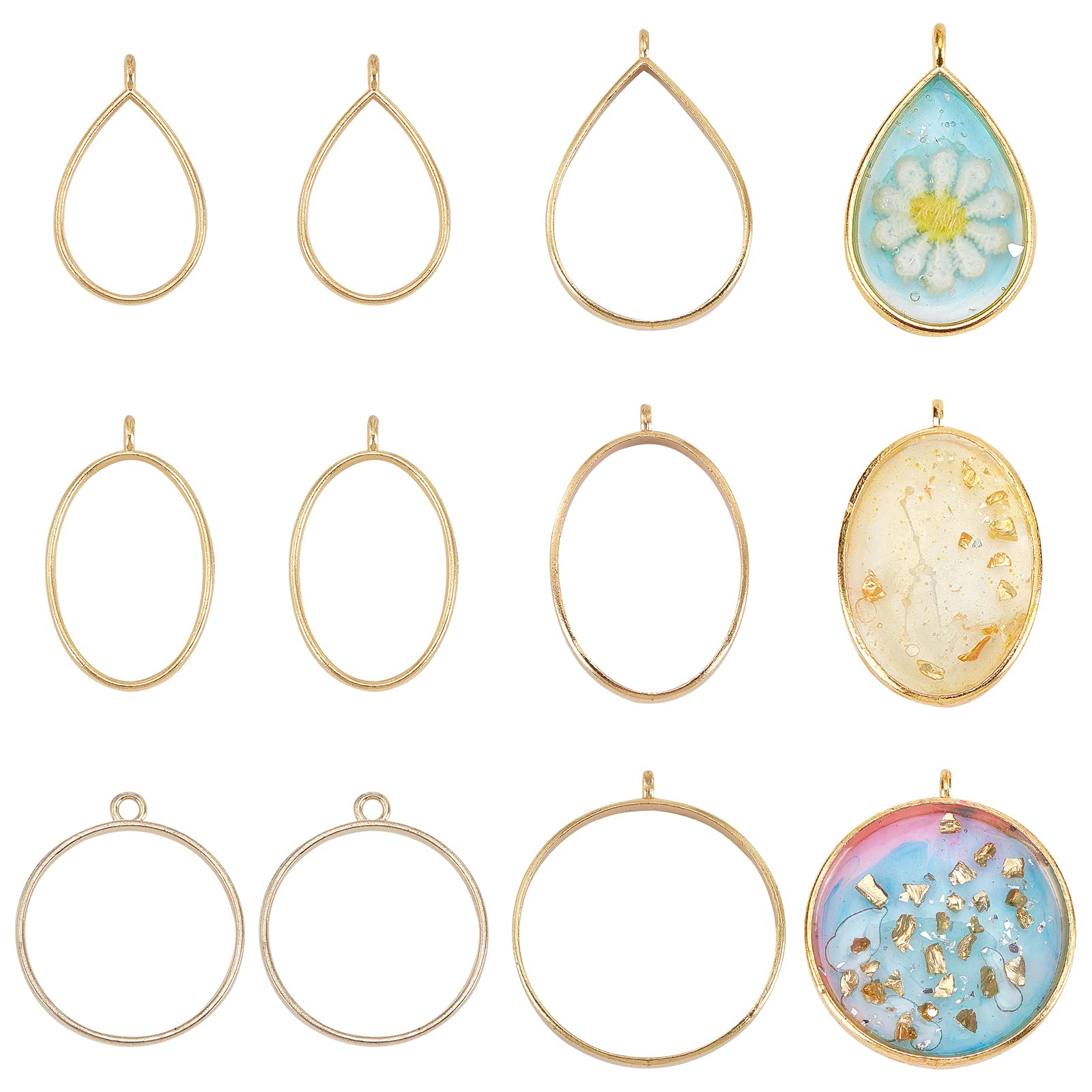 OLYCRAFT 30Pcs Gold Color Round Open Back Bezel Round Frame Pendants Bezel Charms Open Back Frame with 1 Loop for Jewelry Making Pressed Flower DIY Crafts Supplies Resin Earrings Necklace 6 Styles