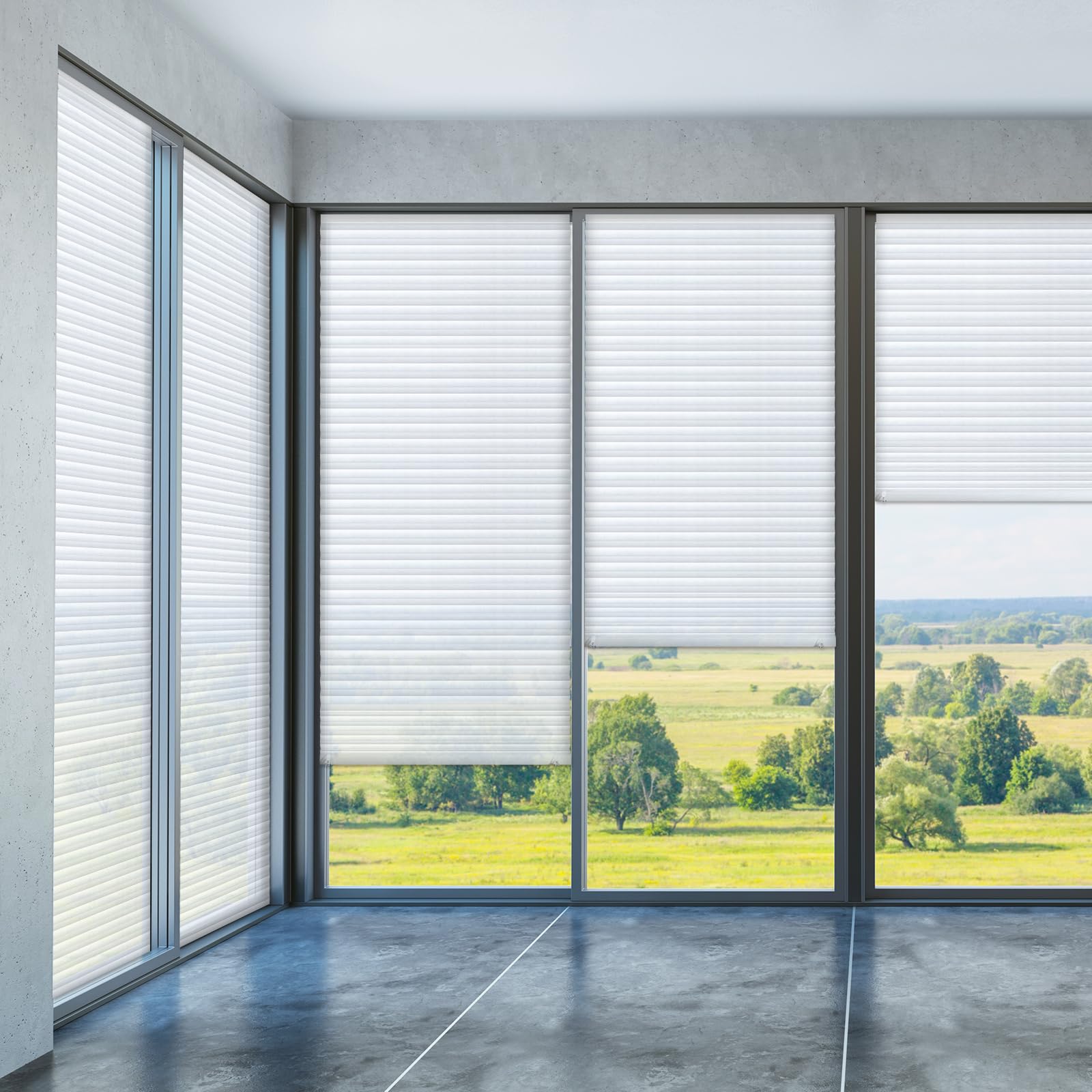 Photo 1 of Threehoney 2 Pcs 35 x 110 inches Temporary Blinds No Tools Cut to Size Fabric Paper Shades Adhesive Privacy Blinds for French Door Sliding Door Window Light Filtering Pleated Shades (White)