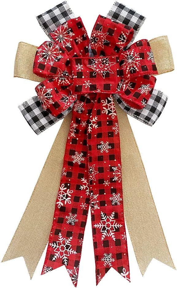 Bows & Ribbons - LANGFON Large Christmas Wreath Bows, Christmas Snowflake Buffalo Plaid Bows for Wreaths - Large Burlap Tree Topper Bows for Christmas Front Door Wreath Decorations Indoor Outdoor, Red Black Snowflake