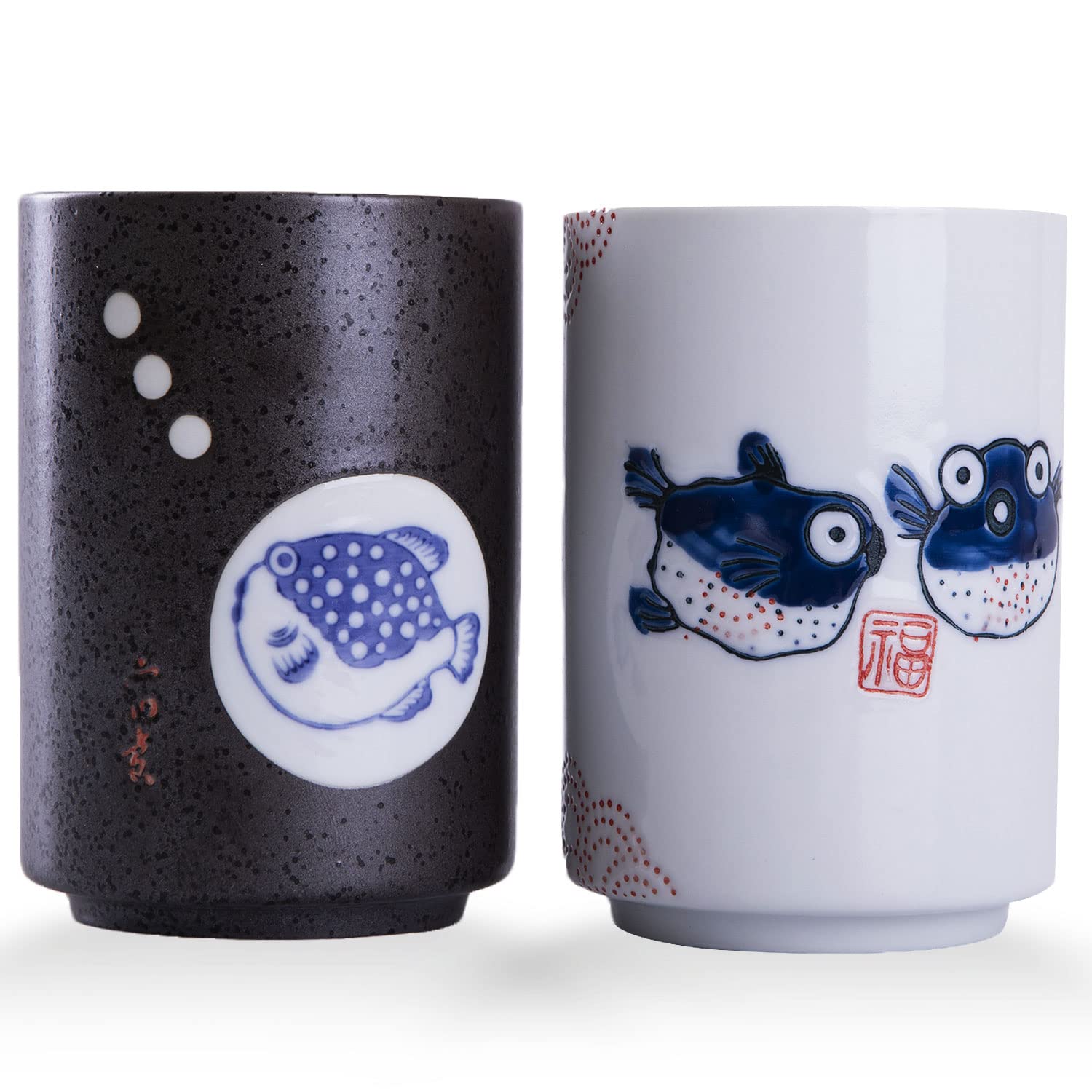 Photo 1 of WHJY 10oz Transitional Chinese/Japanese style Handle-less Ceramic Tea cups teacup, Puffer Pattern Set of 2