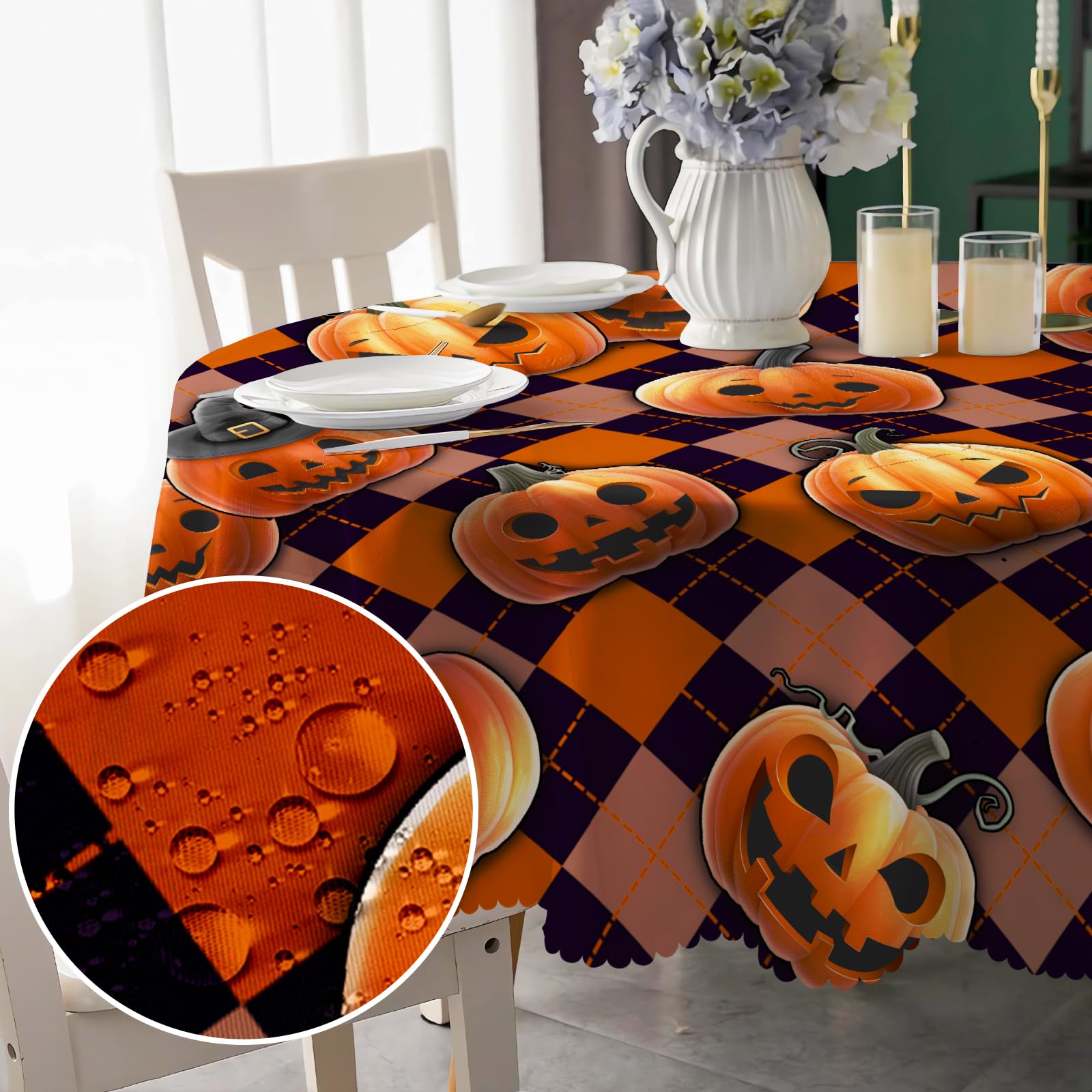 Round Tablecloth 150cm Wipeable, Waterproof Pumpkin and Ghost Polyester Tablecloths, Halloween Table Cloth Wrinkle Resistant Table Cover for Home Dinner Kitchen Party Picnic Outdoor
