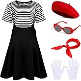 Tisancy 6 Pcs Halloween French Artist Costume Women Outfit Dress Striped T Shirt Gloves Beret Scarf Sunglasses