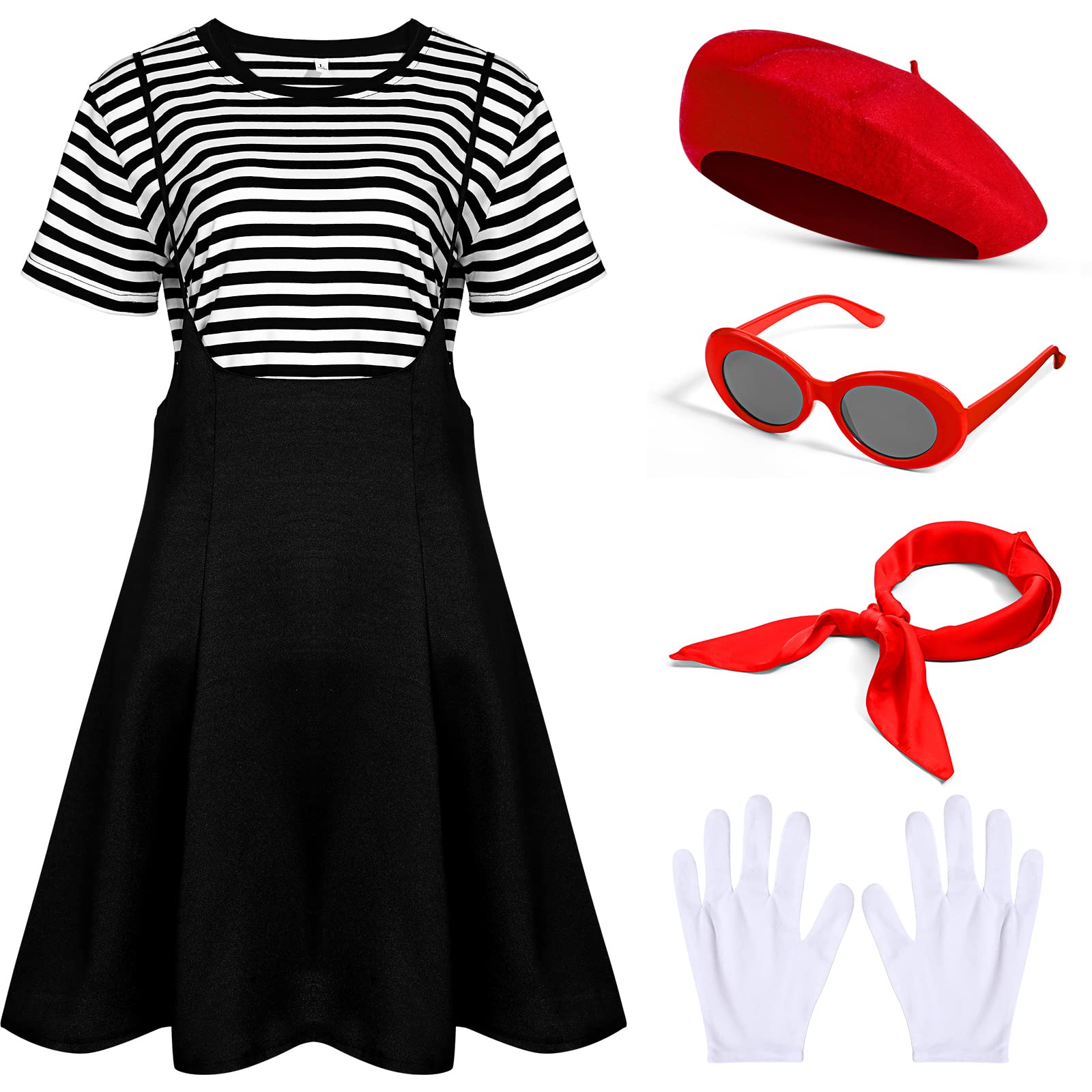 Photo 1 of ***(MISSING HAT)***Tisancy 6 Pcs Halloween French Artist Costume Women Outfit Dress Striped T Shirt Gloves Beret Scarf Sunglasses(Red Beret,Small)