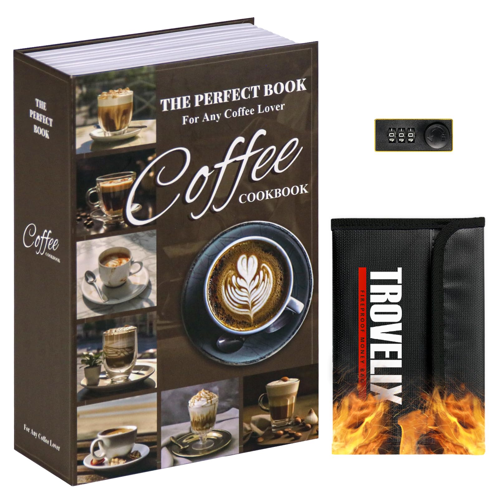 SEKAM Book Safe with Combination Lock, Hidden Safe (24 x 15 x 5.5 cm) with Fireproof Bag, Secret Diversion Safe, Hollow Book Box Hidden Storage, Money Safe Box for Cash (COFFEE)