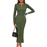 MEROKEETY Women's Bodycon Sweater Dress 2025 Fall Winter Long Sleeve Button Crew Neck Ribbed Knit Midi Work Dresses