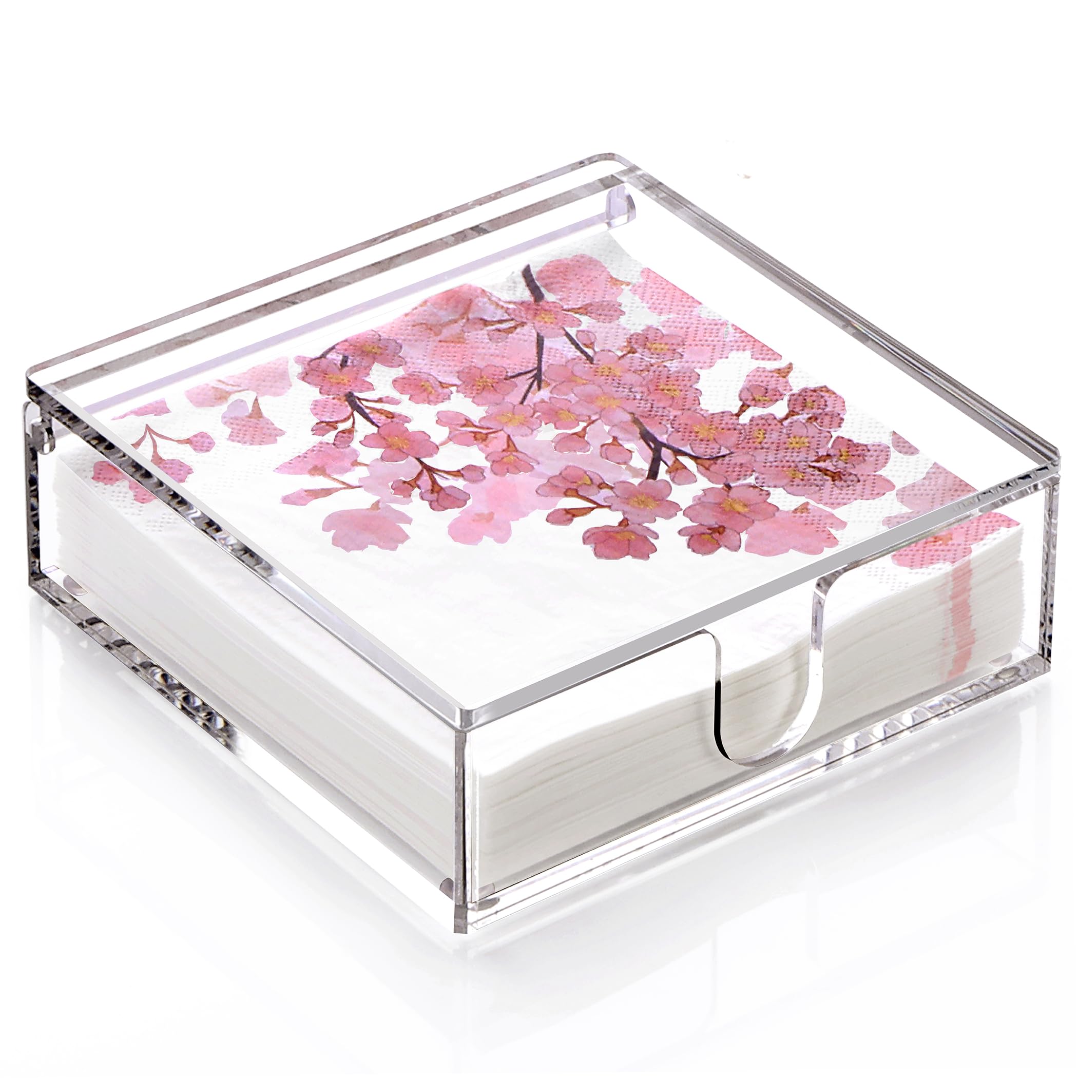 Photo 1 of DINGHUO Acrylic Napkin Holder, 7"x 7"x 2.4" Flat Luncheon Napkin Dispenser with Lid, Clear Flip-top Waterproof Paper Napkin Container Organizer for Table, Kitchen, Indoor & Outdoor, Bathroom Vanity