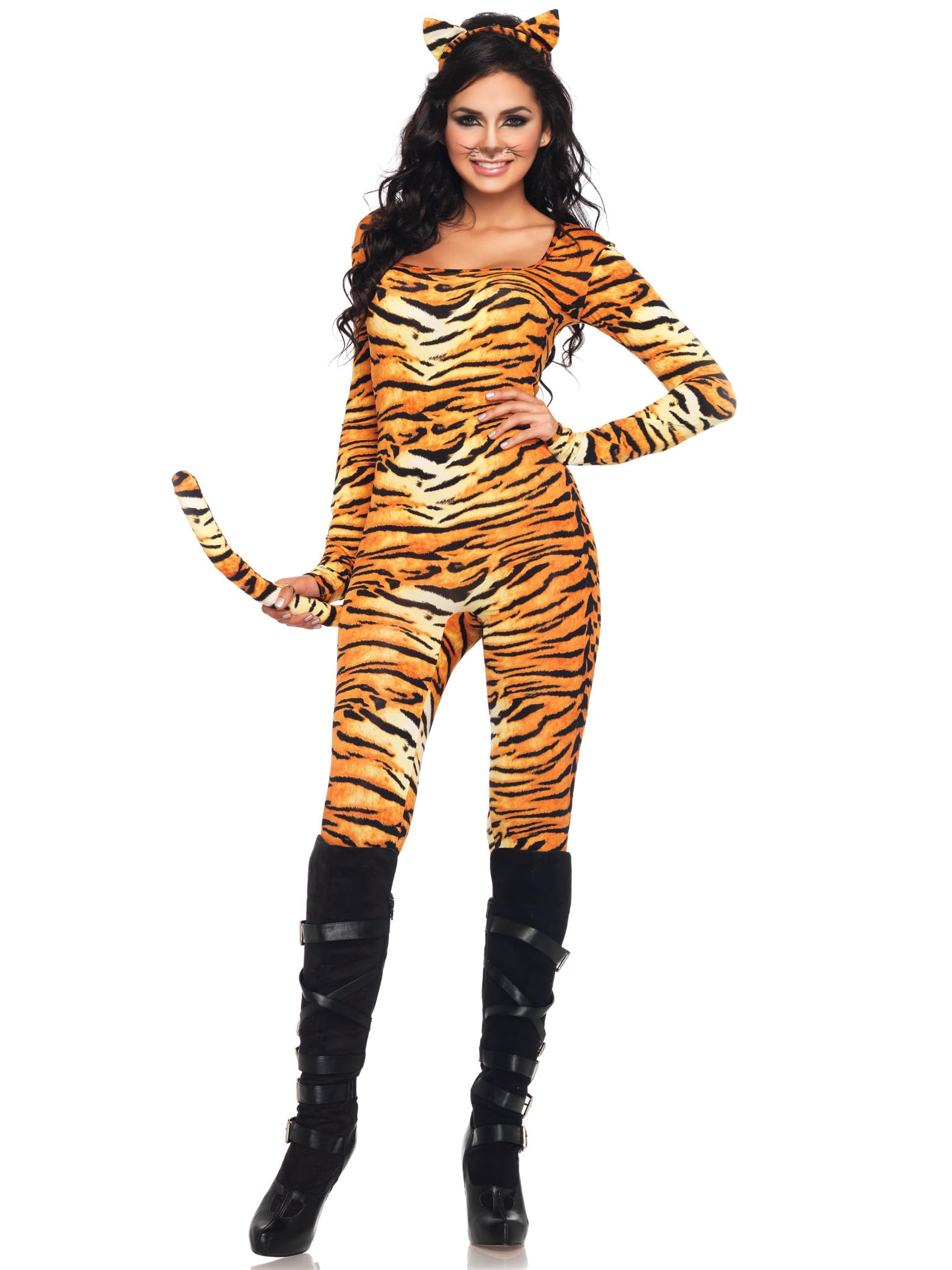 Leg Avenue 2 Piece Wild Tigress Catsuit Set-Sexy Tiger Bodysuit with Tail for Women, Orange/Black, X-Large Image