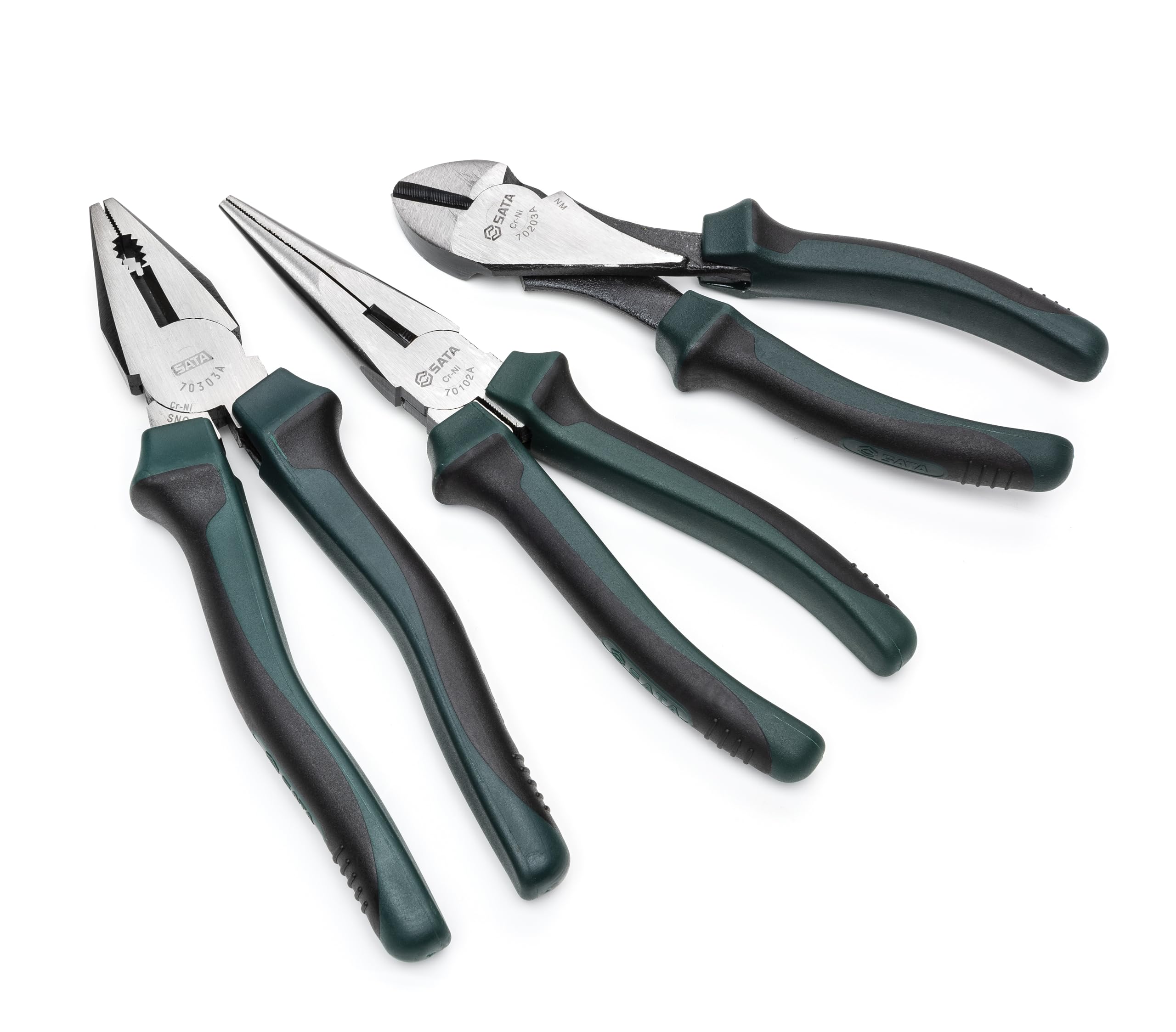 SATA ST70002U 3-Piece Pliers Set (8" Universal, 8" Long-Nose & 7" Diagonal), with Green Handles & Durable Nickel-Chrome Steel Bodies