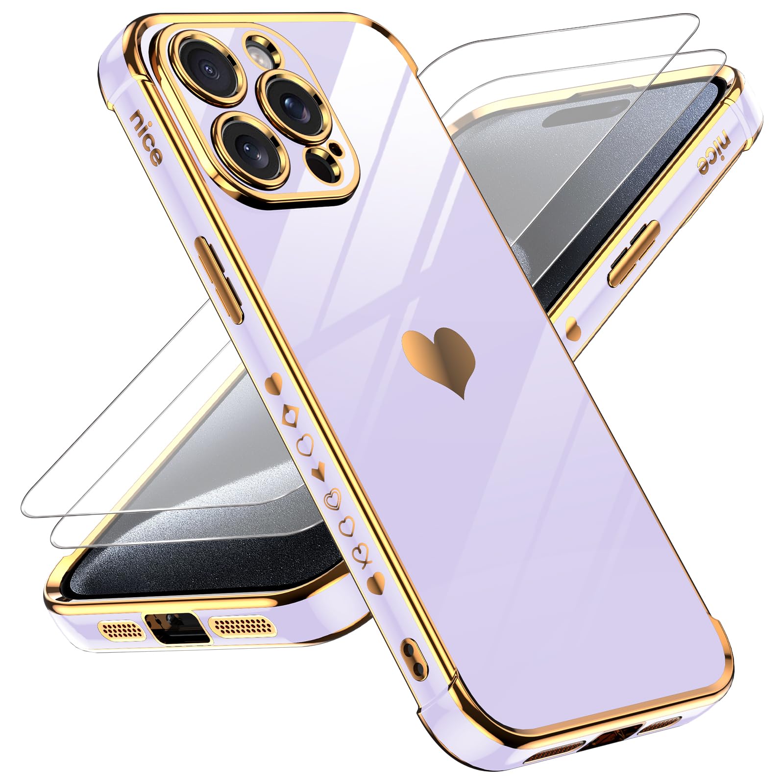 Photo 1 of LeYi for iPhone 15 Pro Max Case: with Tempered Glass Screen Protector [2 Pcs]+ Full Camera Lens Protection,Love Heart Plating Girly Cute Luxury Soft TPU Shockproof Case for 15 Pro Max,Purple