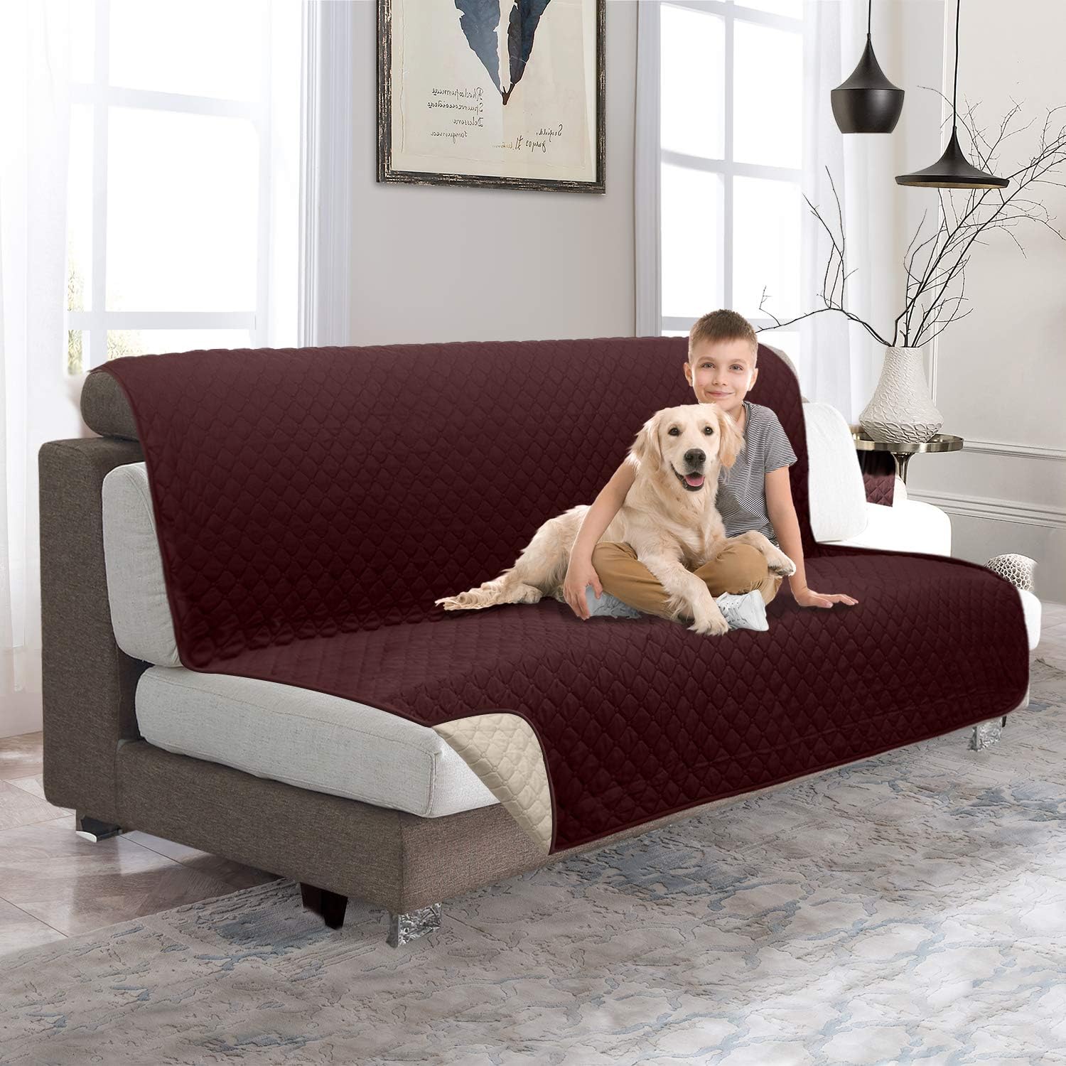 Amazon Com Moymo Reversible Futon Cover Futon Slipover With 2 Inch Strap Futon Protector With Pockets Machine Washable Futon Covers For Dogs Children Pets Kids Futon Chocolate Beige Kitchen Dining