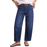 Dokotoo Women's Boyfriend Baggy Barrel Jeans Stretchy Denim Ankle Pants | Mid Rise, Womens Barrel Jeans, Wide Leg Baggy Pants, Stretch Denim, Y2k Baggy Boyfriend Jeans, Western Distressed Jean