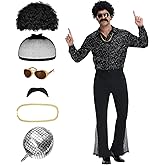 TobWeaL 70s Disco Outfits for Men - Retro Bell Bottom Pants & Shirt Set with 70s accessories for Halloween Theme Party