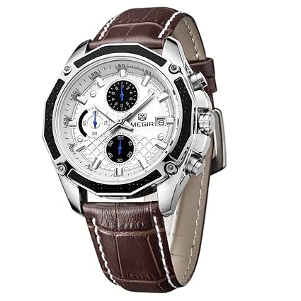 MEGIR Official Quartz Men Watches Fashion Genuine Leather Chronograph Watch Clock for Gentle Men Male Students