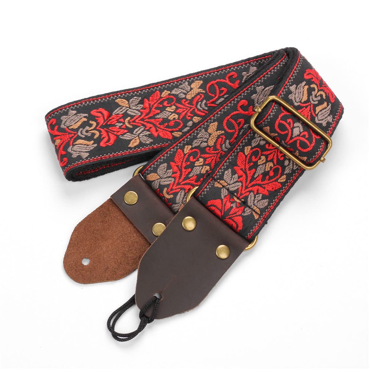 MuzcYM Guitar Strap, Vintage Embroidered Guitar Straps Vintage Woven with Genuine Leather Ends for Bass, Electric & Acoustic Guitars