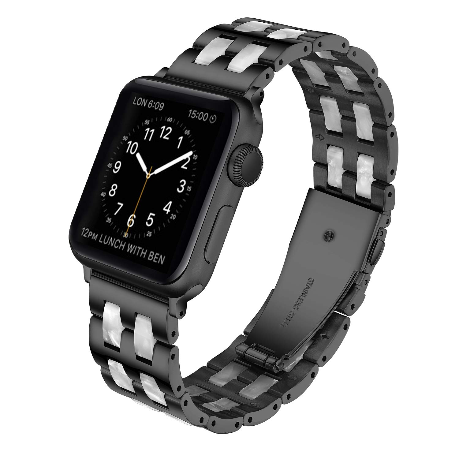 Caunedy Compatible with Apple Watch Strap 38MM/40MM/42MM/44MM,Solid Stainless Steel Metal Wristband Replacement for Series 5/4/3/2/1,Colourful Resin Bracelet Strap (38/40mm, Black&Pearl White) โ image 1