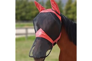 Harrison Howard Pro Luminous Horse Full Face Fly Mask Large Eye Space Long Nose with Ears UV Protection for Horse Coral Orange L