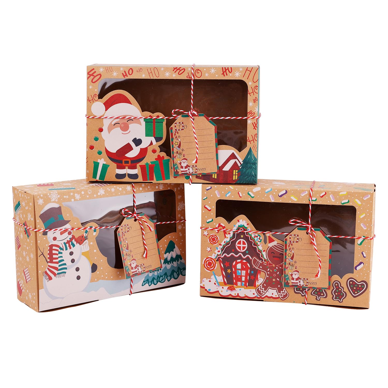 PEUTIER 12pcs Christmas Cookie Boxes with Window, Large Xmas Gift Boxes with Tags & Ropes Christmas Baking Cupcake Cases for Cookie Candy Sweet Bakery